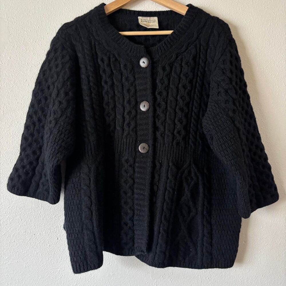 Kilronan Knitwear Merino Wool Black Chunky Cableknit Cardigan Sweater Size XL